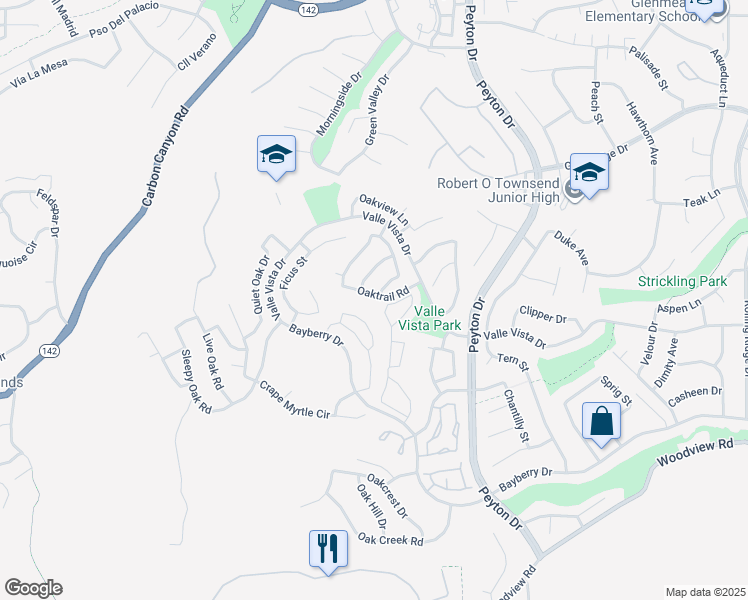 map of restaurants, bars, coffee shops, grocery stores, and more near 3105 Oaktrail Road in Chino Hills