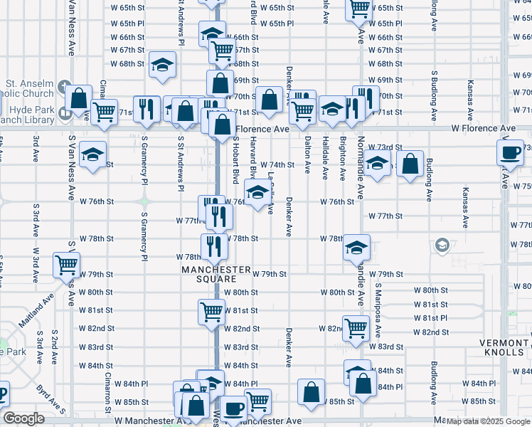 map of restaurants, bars, coffee shops, grocery stores, and more near 7619 La Salle Avenue in Los Angeles