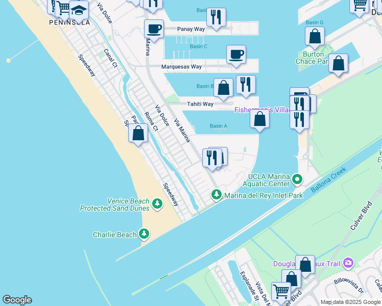 map of restaurants, bars, coffee shops, grocery stores, and more near 306 Bora Bora Way in Marina del Rey