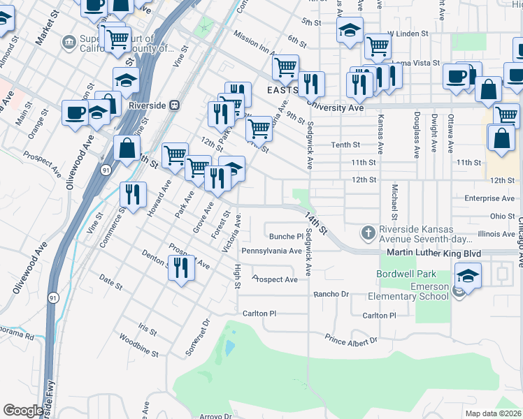 map of restaurants, bars, coffee shops, grocery stores, and more near 2616 14th Street in Riverside