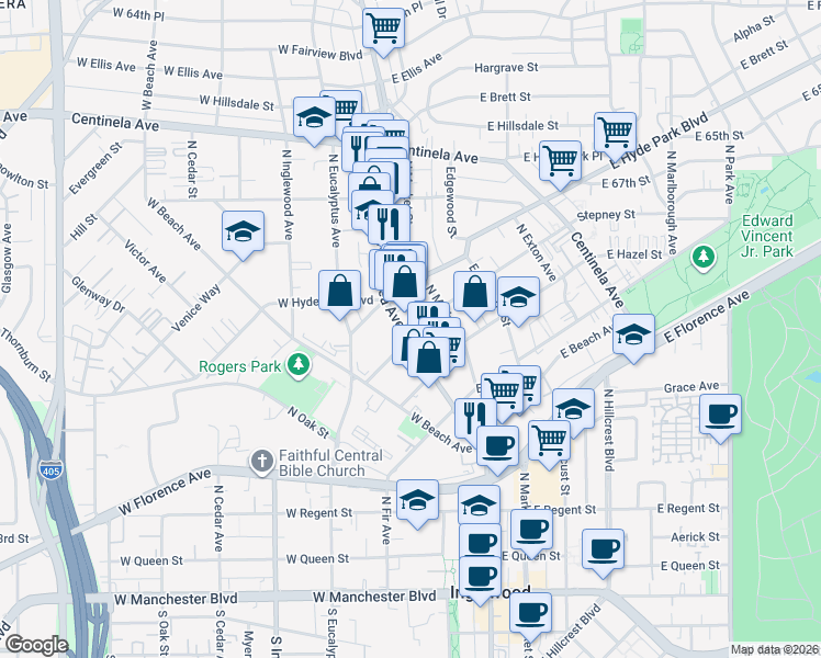 map of restaurants, bars, coffee shops, grocery stores, and more near 600 North La Brea Avenue in Inglewood