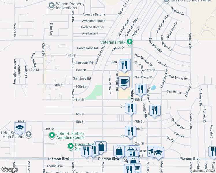 map of restaurants, bars, coffee shops, grocery stores, and more near 10751 San Pablo Road in Desert Hot Springs