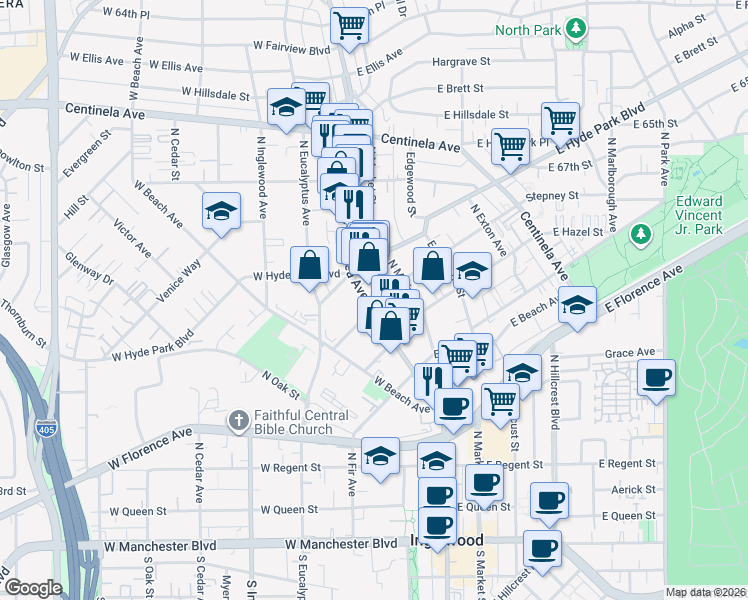 map of restaurants, bars, coffee shops, grocery stores, and more near 600 North La Brea Avenue in Inglewood
