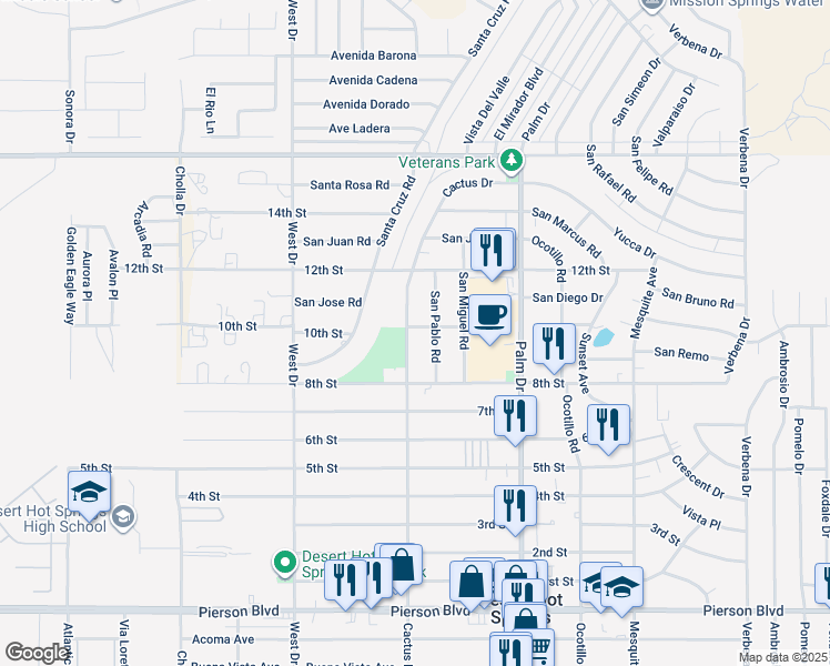map of restaurants, bars, coffee shops, grocery stores, and more near 10751 San Pablo Road in Desert Hot Springs