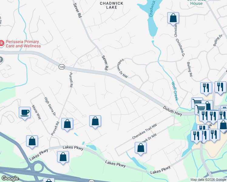 map of restaurants, bars, coffee shops, grocery stores, and more near 1323 Maple Bend Trail in Lawrenceville