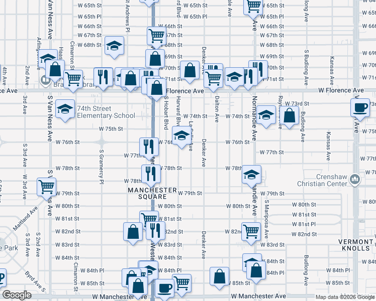 map of restaurants, bars, coffee shops, grocery stores, and more near 7619 La Salle Avenue in Los Angeles