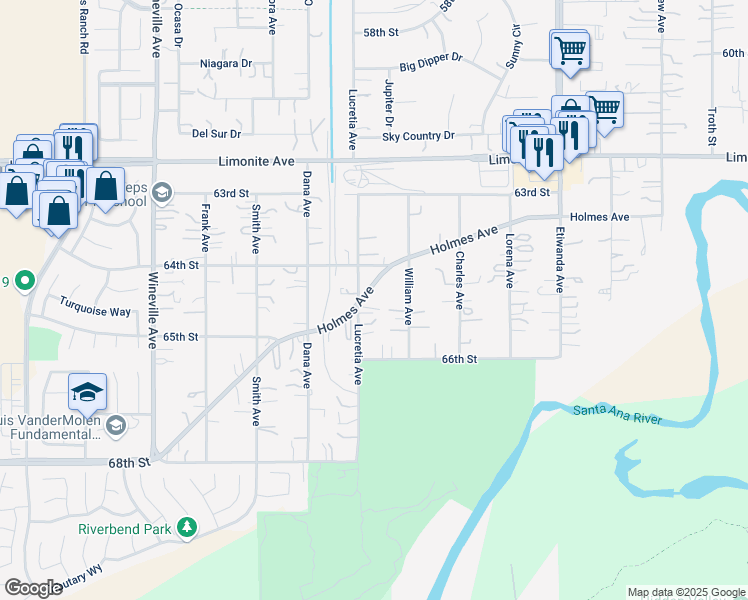 map of restaurants, bars, coffee shops, grocery stores, and more near 11376 Holmes Avenue in Jurupa Valley