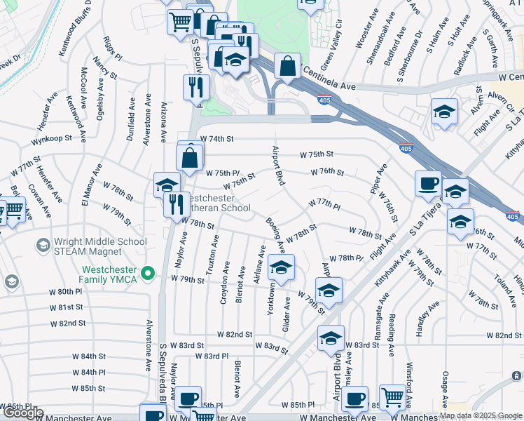 map of restaurants, bars, coffee shops, grocery stores, and more near 7660 Boeing Avenue in Los Angeles