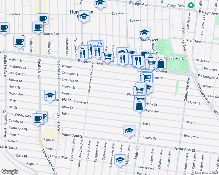 map of restaurants, bars, coffee shops, grocery stores, and more near 3022 Live Oak St in Huntington Park