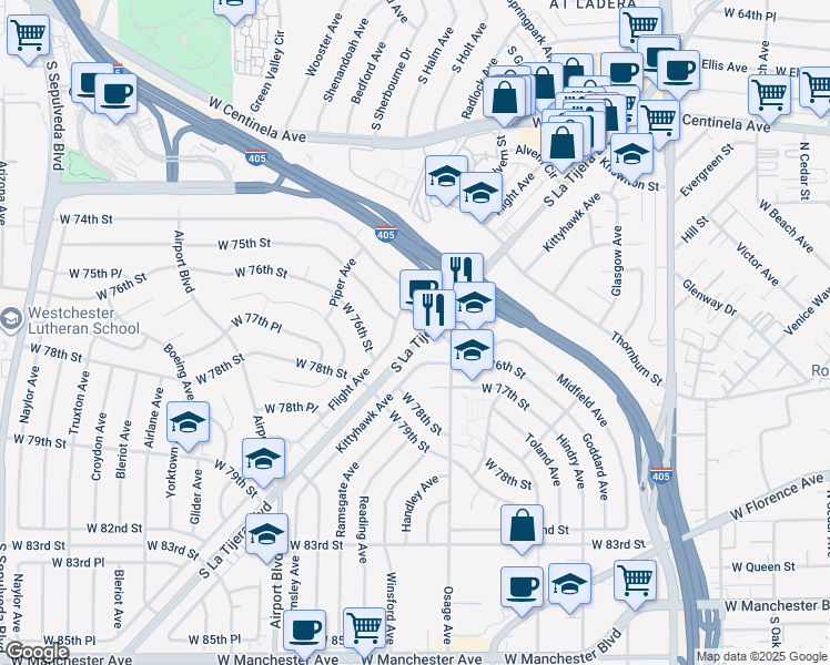 map of restaurants, bars, coffee shops, grocery stores, and more near 7403 La Tijera Boulevard in Los Angeles
