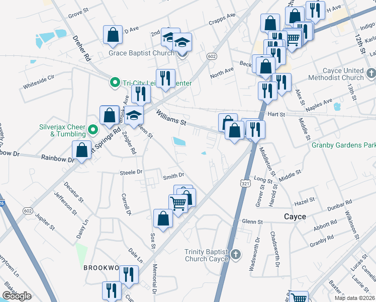 map of restaurants, bars, coffee shops, grocery stores, and more near 943 Glenn Street in West Columbia