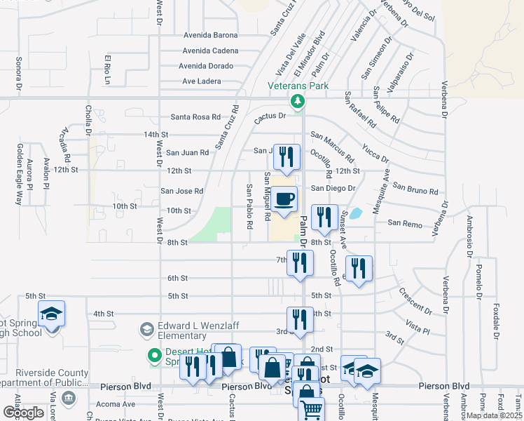 map of restaurants, bars, coffee shops, grocery stores, and more near 10727 San Miguel Road in Desert Hot Springs