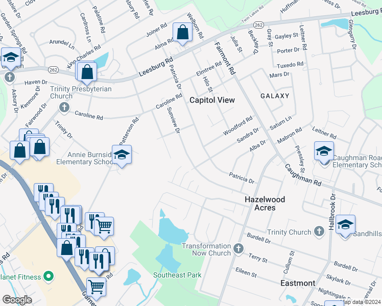 map of restaurants, bars, coffee shops, grocery stores, and more near 7280 Sunview Drive in Columbia