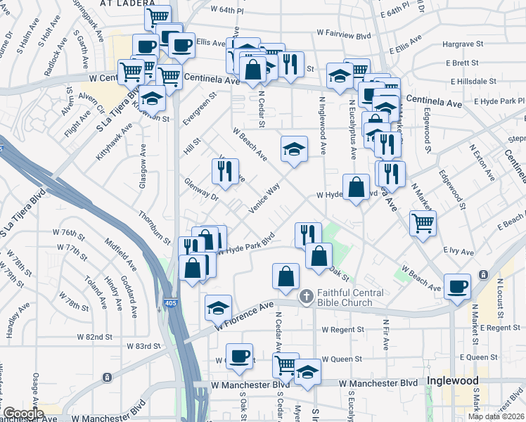 map of restaurants, bars, coffee shops, grocery stores, and more near 610 Venice Way in Inglewood