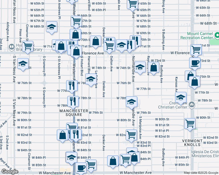 map of restaurants, bars, coffee shops, grocery stores, and more near 7619 Dalton Avenue in Los Angeles