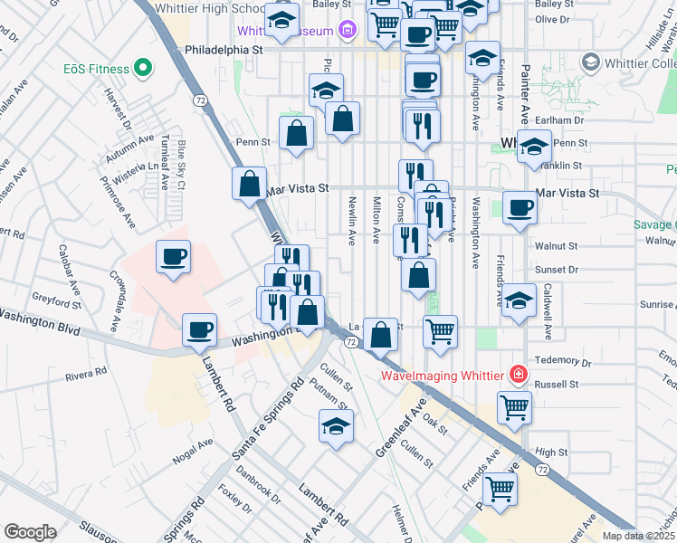 map of restaurants, bars, coffee shops, grocery stores, and more near 7750 Pickering Avenue in Whittier