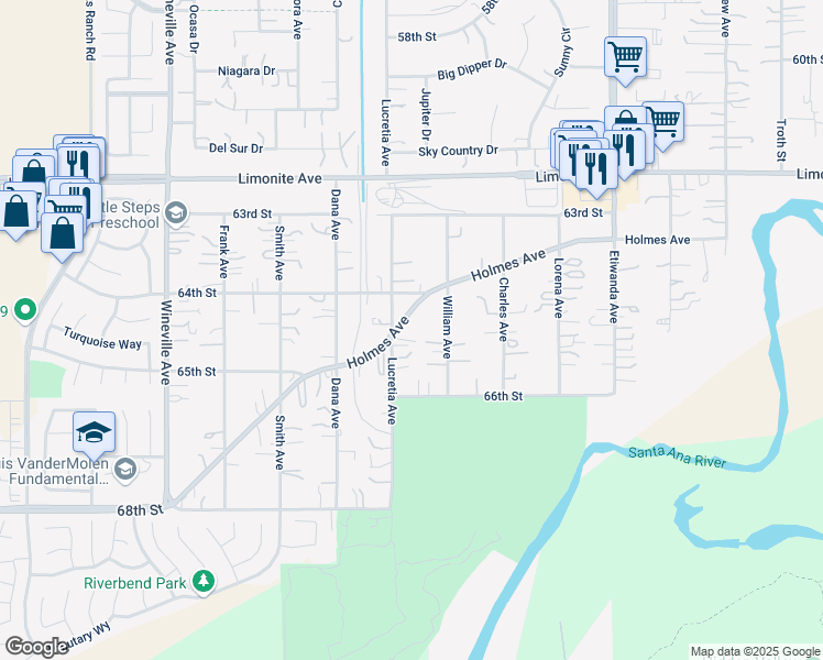 map of restaurants, bars, coffee shops, grocery stores, and more near 11376 Holmes Avenue in Jurupa Valley
