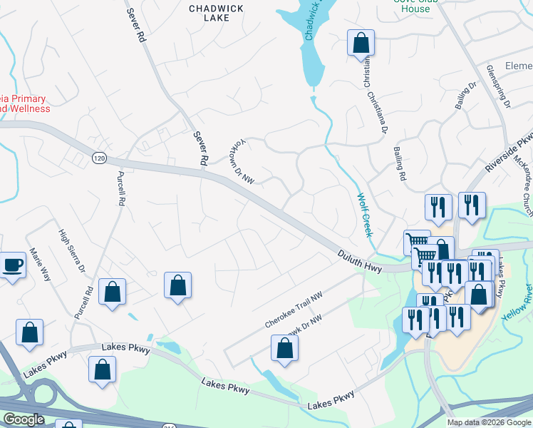 map of restaurants, bars, coffee shops, grocery stores, and more near 1315 Shelton Way in Lawrenceville