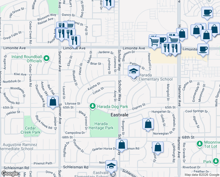 map of restaurants, bars, coffee shops, grocery stores, and more near 6372 Lotus Street in Corona