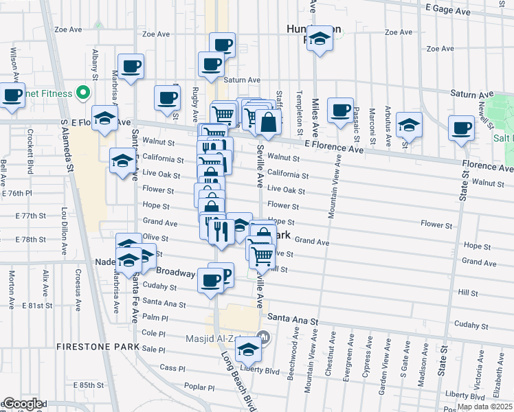 map of restaurants, bars, coffee shops, grocery stores, and more near 7601 Seville Avenue in Huntington Park
