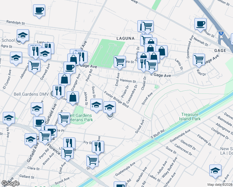 map of restaurants, bars, coffee shops, grocery stores, and more near 6559 Emil Avenue in Bell Gardens