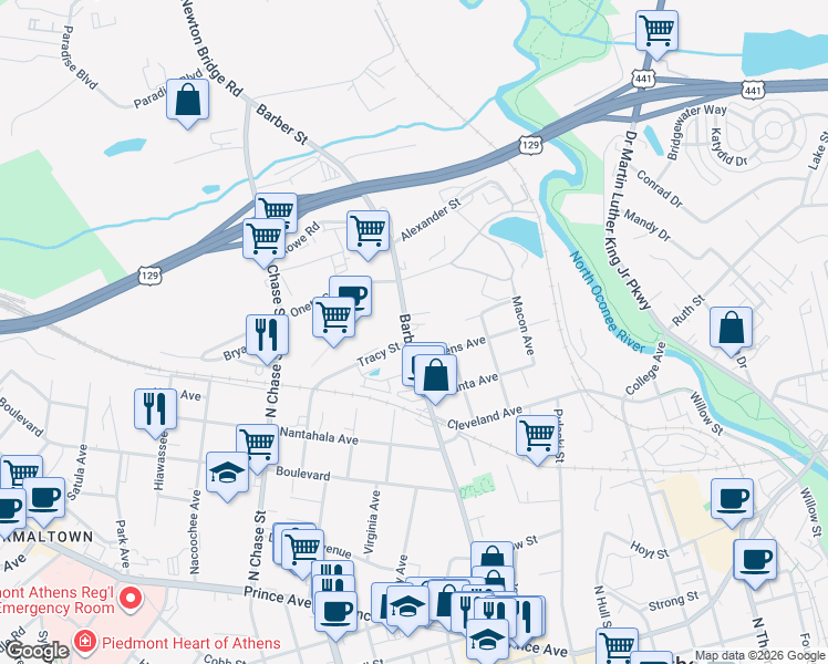map of restaurants, bars, coffee shops, grocery stores, and more near 764 Barber Street in Athens