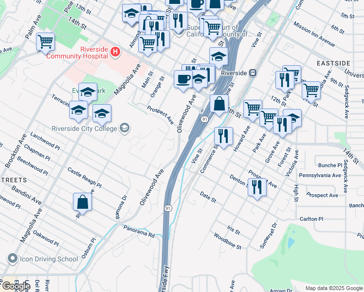 map of restaurants, bars, coffee shops, grocery stores, and more near 4640 Olivewood Avenue in Riverside