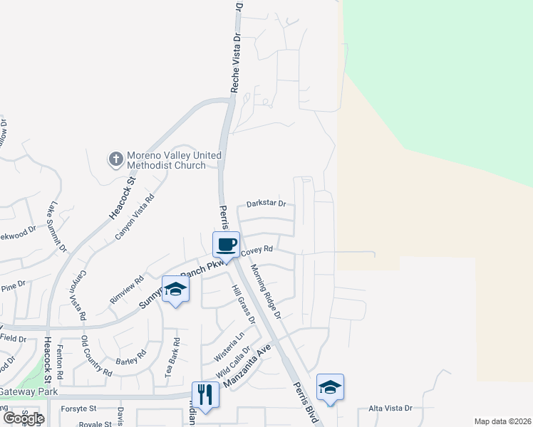 map of restaurants, bars, coffee shops, grocery stores, and more near 24736 Moonshadow Drive in Moreno Valley