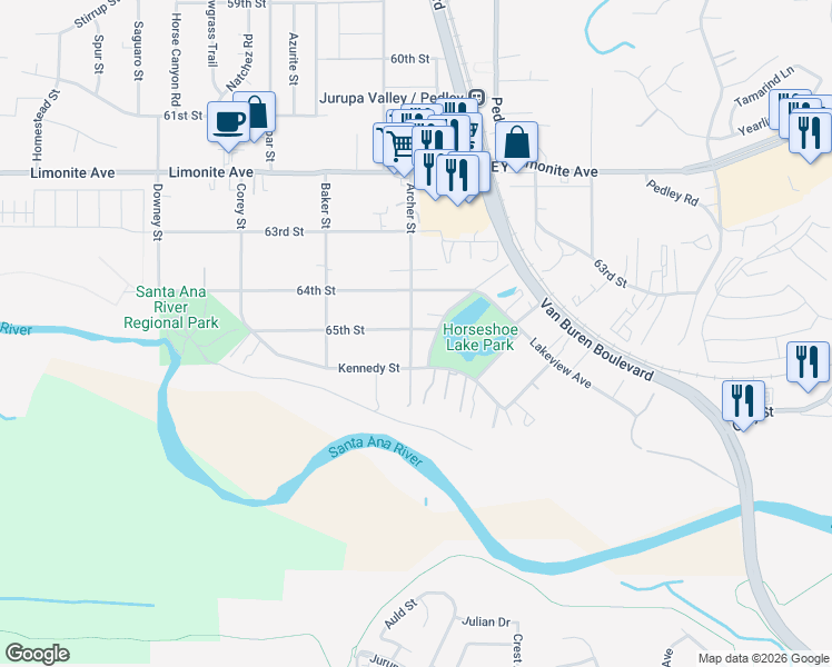 map of restaurants, bars, coffee shops, grocery stores, and more near 6508 Archer Street in Riverside