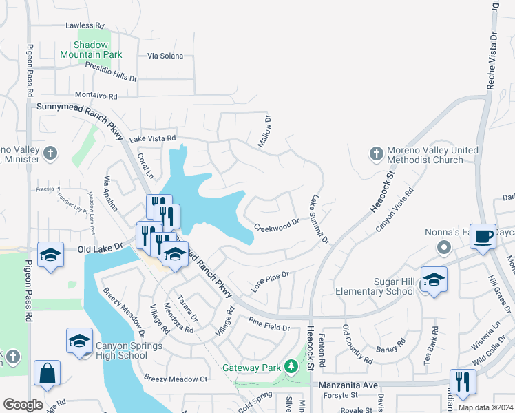 map of restaurants, bars, coffee shops, grocery stores, and more near 23824 Ridge Point Court in Moreno Valley