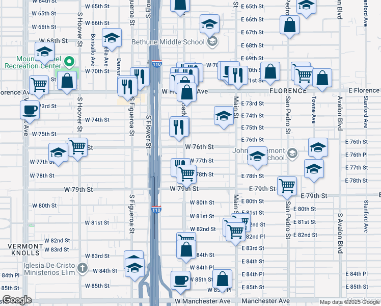 map of restaurants, bars, coffee shops, grocery stores, and more near 7612 South Broadway in Los Angeles