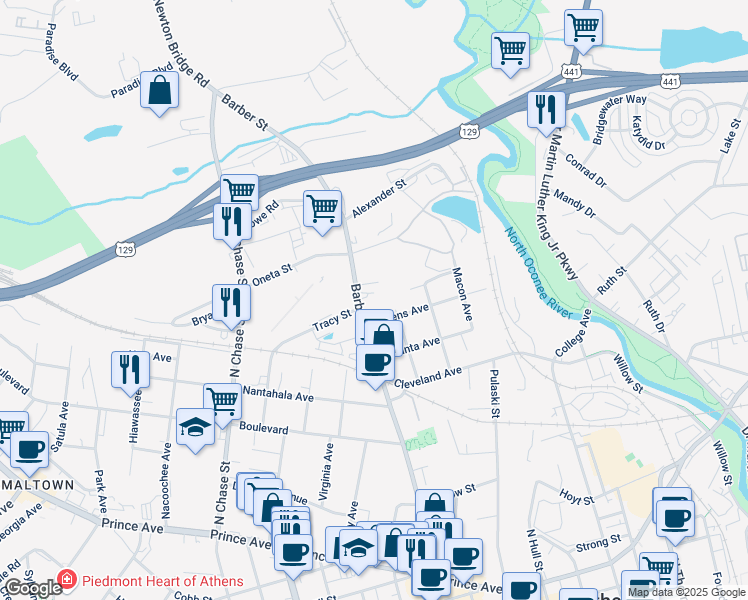 map of restaurants, bars, coffee shops, grocery stores, and more near 764 Barber Street in Athens