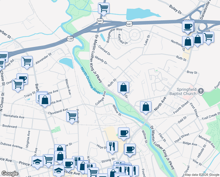 map of restaurants, bars, coffee shops, grocery stores, and more near 978 Doctor Martin Luther King Junior Parkway in Athens
