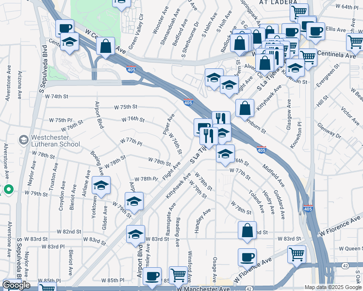 map of restaurants, bars, coffee shops, grocery stores, and more near 5729 West 76th Street in Los Angeles