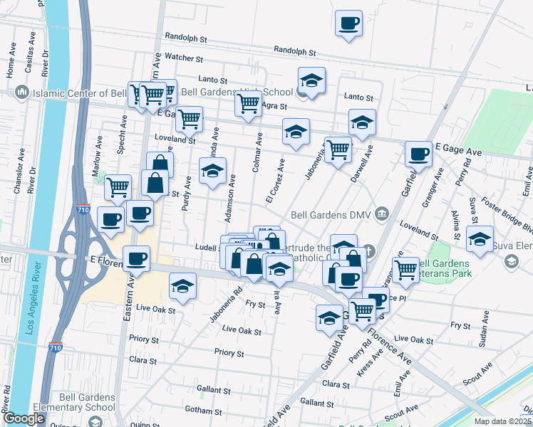 map of restaurants, bars, coffee shops, grocery stores, and more near 6030 Lubec Street in Bell Gardens