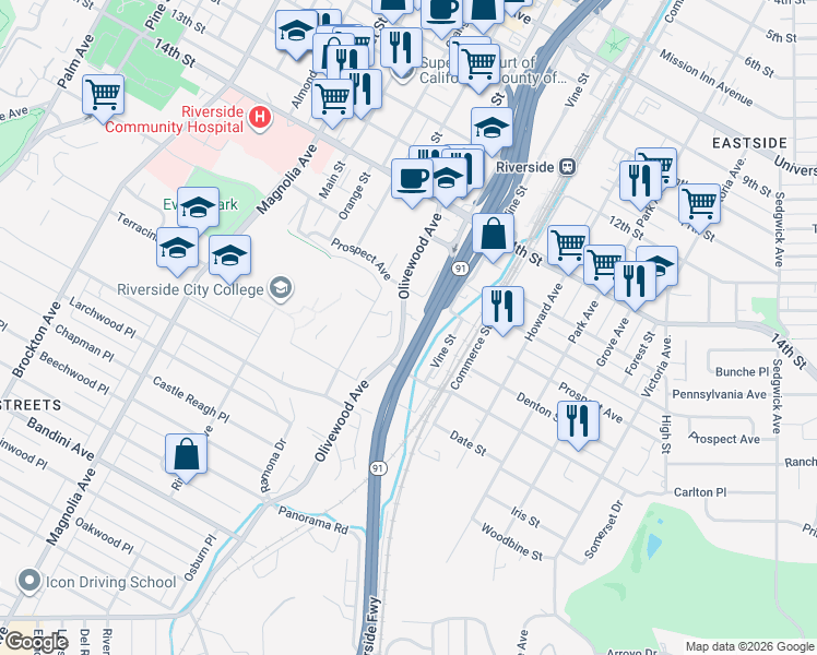 map of restaurants, bars, coffee shops, grocery stores, and more near 4640 Olivewood Avenue in Riverside