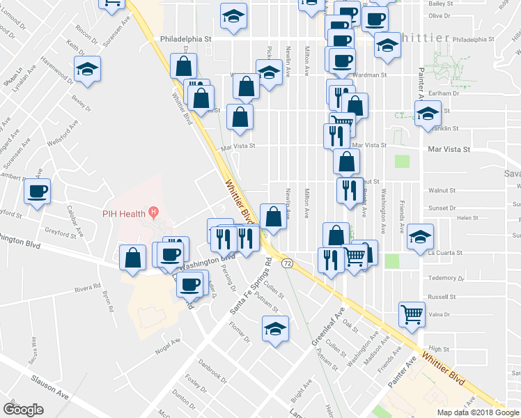 map of restaurants, bars, coffee shops, grocery stores, and more near 7745 Pickering Avenue in Whittier
