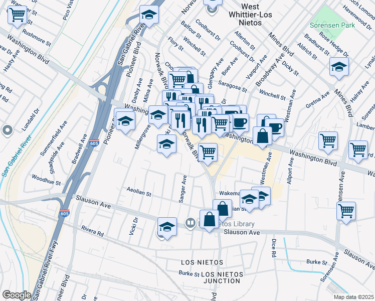 map of restaurants, bars, coffee shops, grocery stores, and more near 11047 Godoy Street in Whittier