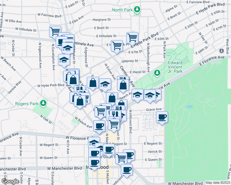 map of restaurants, bars, coffee shops, grocery stores, and more near 323 Warren Lane in Inglewood