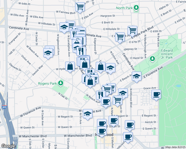 map of restaurants, bars, coffee shops, grocery stores, and more near 600 North La Brea Avenue in Inglewood