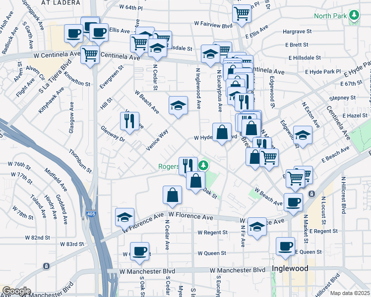 map of restaurants, bars, coffee shops, grocery stores, and more near 618 West Beach Avenue in Inglewood