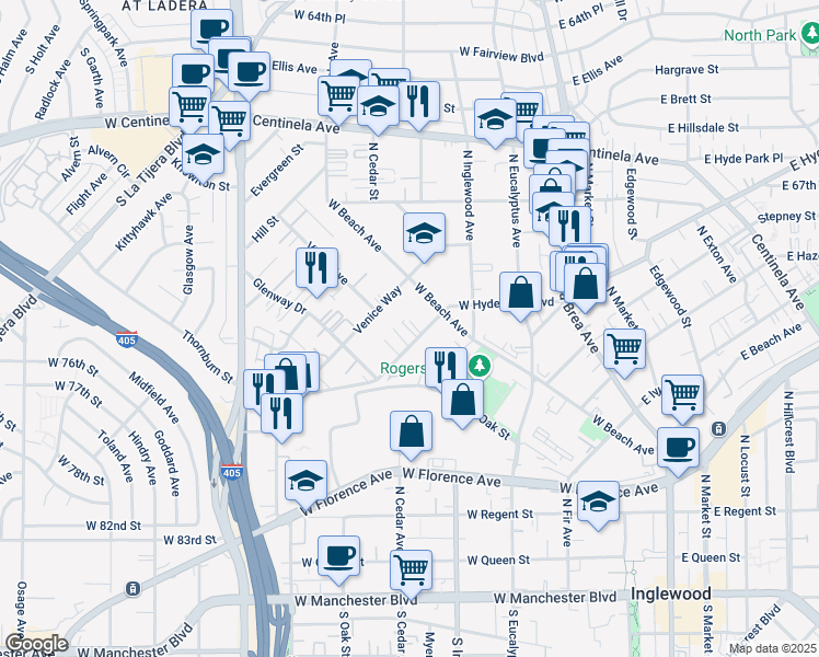 map of restaurants, bars, coffee shops, grocery stores, and more near 531 West Hyde Park Boulevard in Inglewood