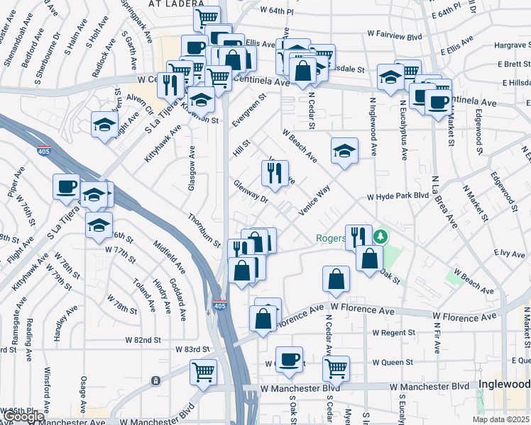 map of restaurants, bars, coffee shops, grocery stores, and more near 710 Cory Drive in Inglewood