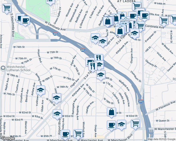 map of restaurants, bars, coffee shops, grocery stores, and more near 7411 La Tijera Boulevard in Los Angeles