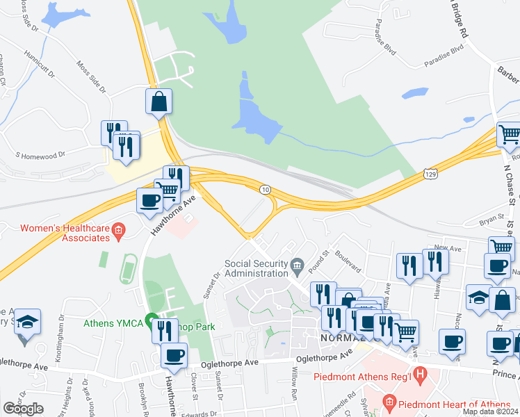 map of restaurants, bars, coffee shops, grocery stores, and more near Prince Road in Athens