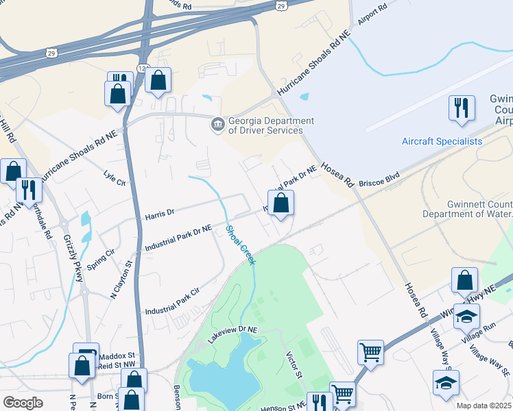 map of restaurants, bars, coffee shops, grocery stores, and more near Hood Street Northeast in Lawrenceville