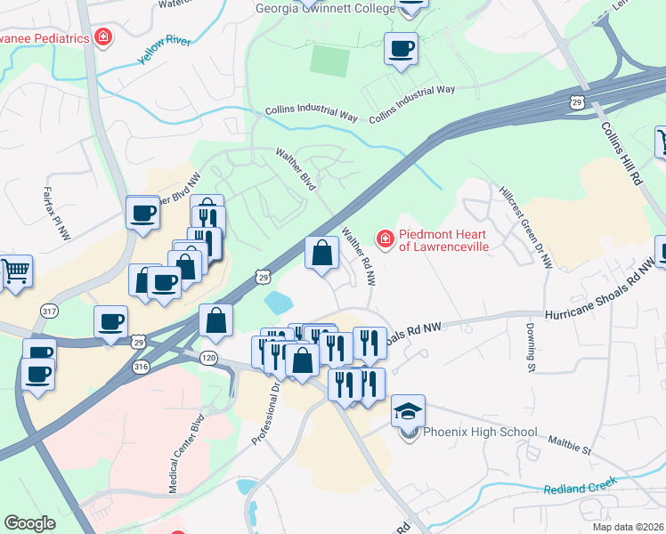 map of restaurants, bars, coffee shops, grocery stores, and more near 405 Philip Boulevard in Lawrenceville