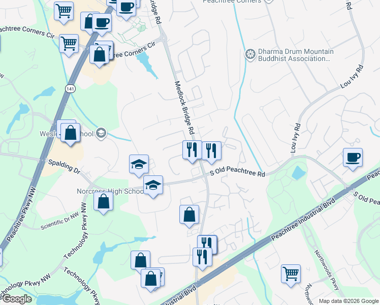 map of restaurants, bars, coffee shops, grocery stores, and more near 5205 Spalding Bridge Court in Norcross