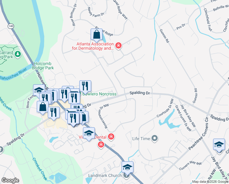 map of restaurants, bars, coffee shops, grocery stores, and more near 6197 Spalding Drive in Peachtree Corners