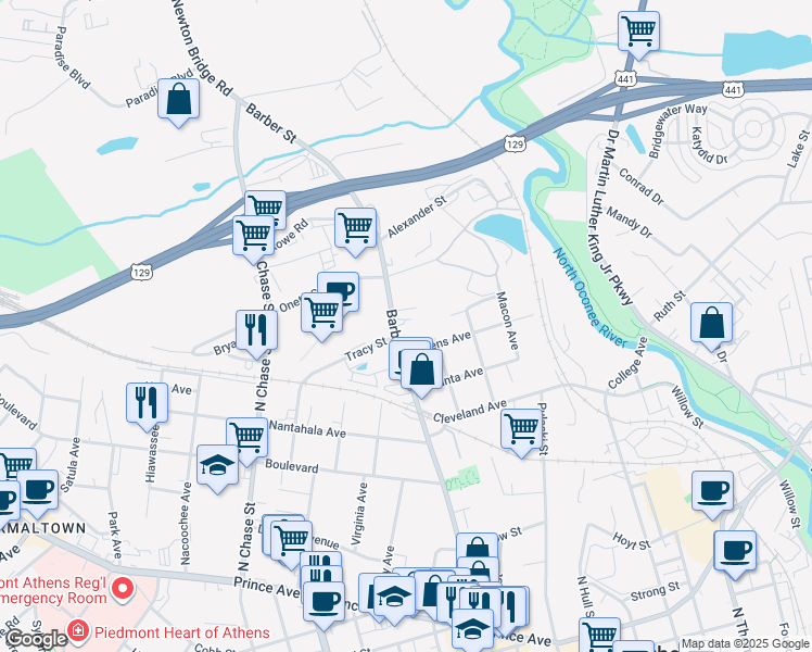 map of restaurants, bars, coffee shops, grocery stores, and more near 764 Barber Street in Athens